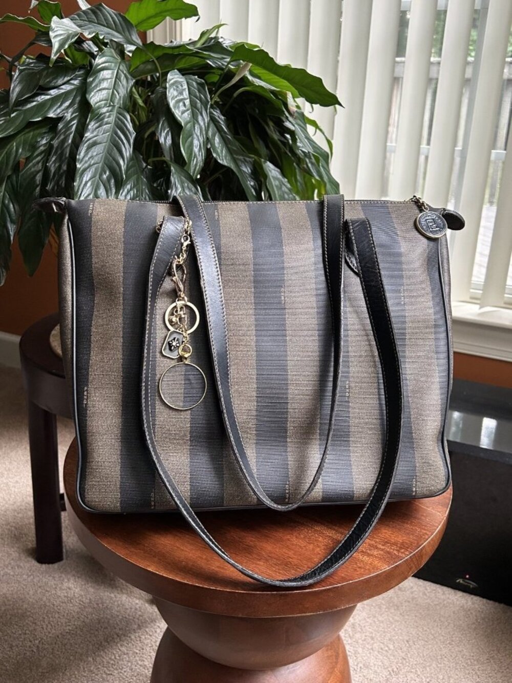 FENDI Pequin Stripe Canvas Tote Bag, Tobacco, Black